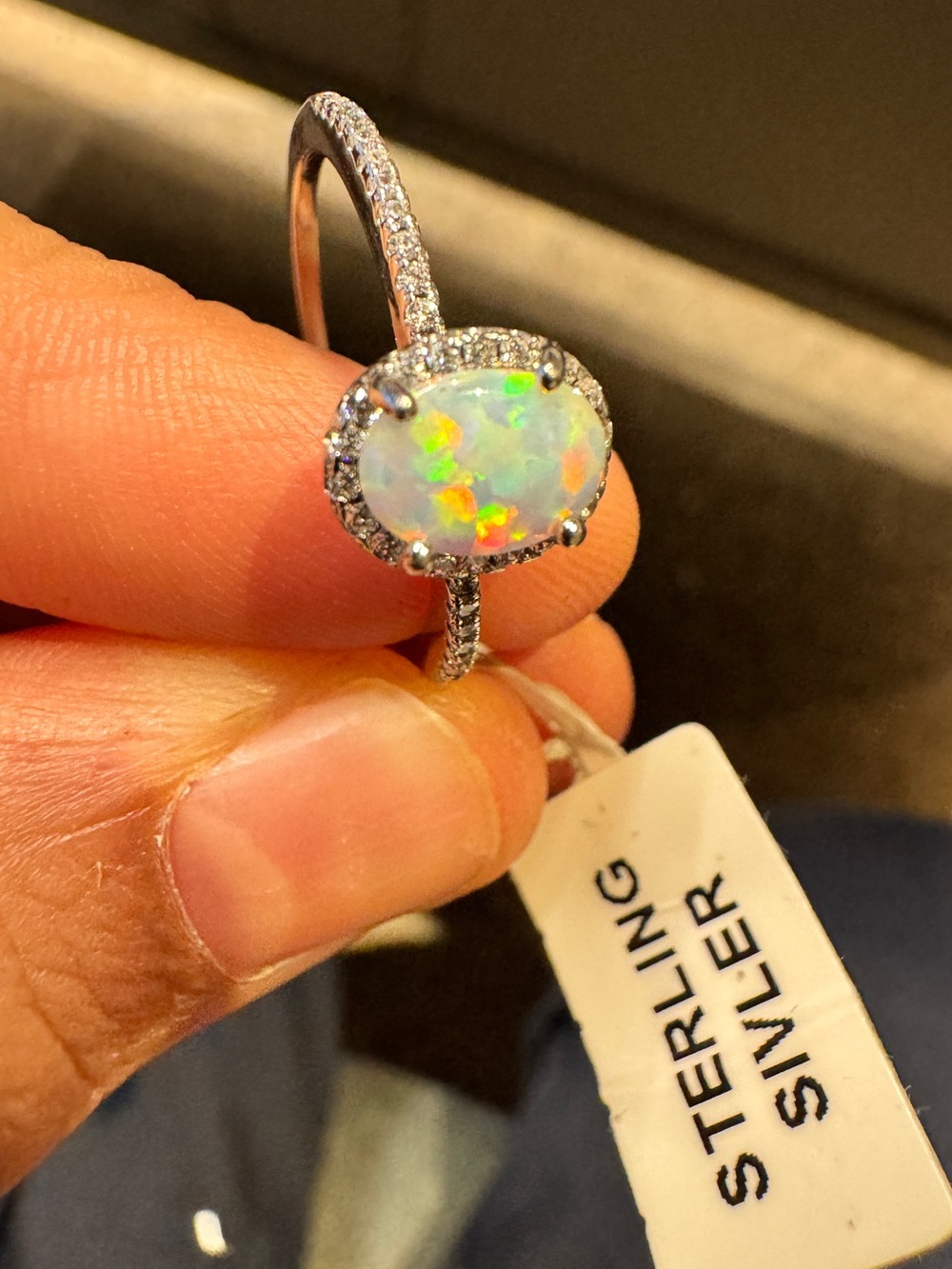 Sterling Silver Opal Halo Ring - White Opal size 10